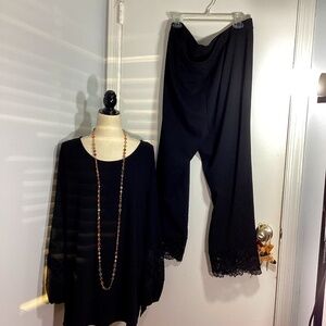 DENNIS by DENNIS BASSO PLUS 2X BLACK SET(2 PIECE) TUNIC ANCKLE PANTS LACE TRIM